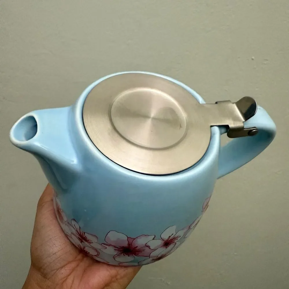 Alfred Blue & Pink Cherry Blossom Ceramic Stainless Steel Tea Pot Infuser A7